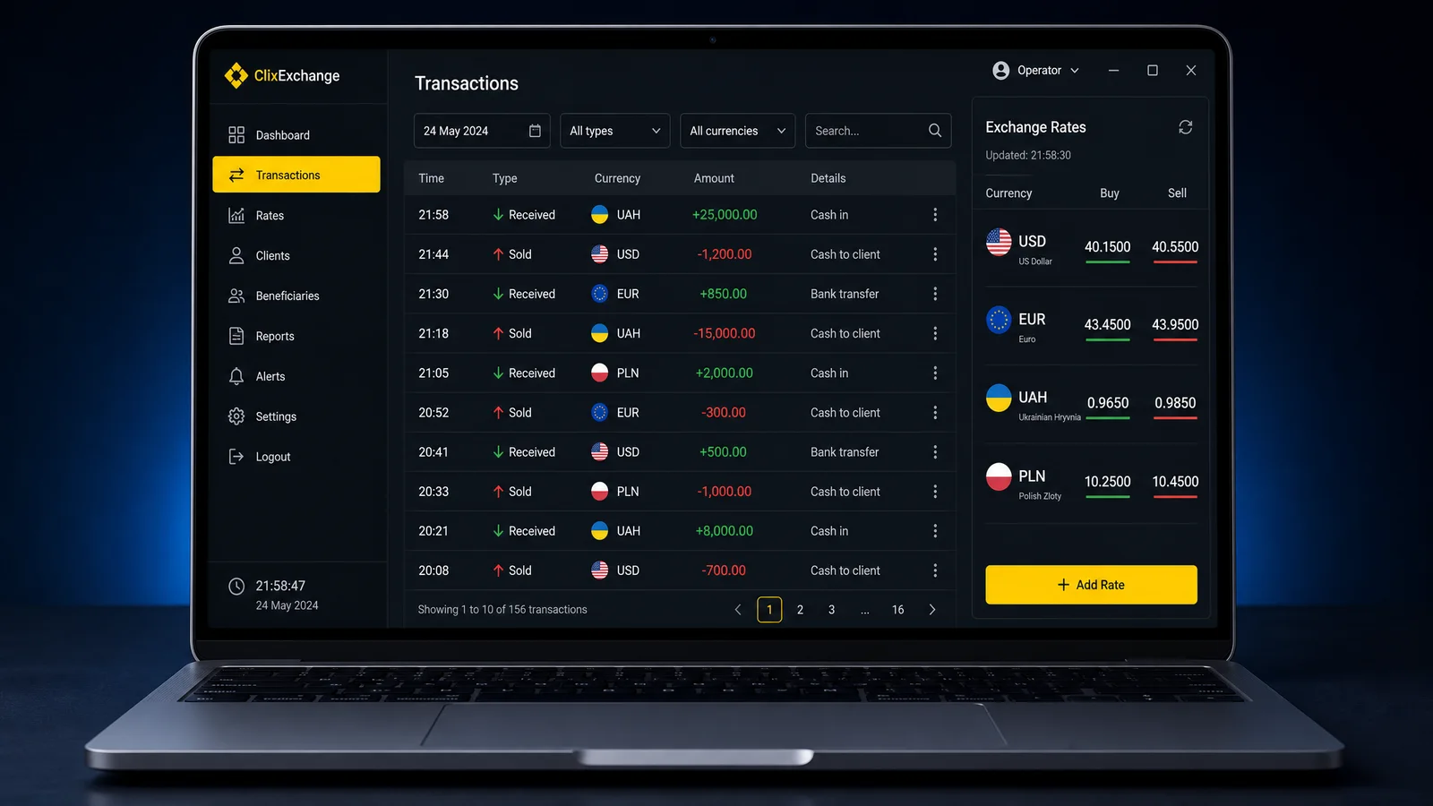 Касовий додаток ClixExchange — транзакції, курси купівлі та продажу валют