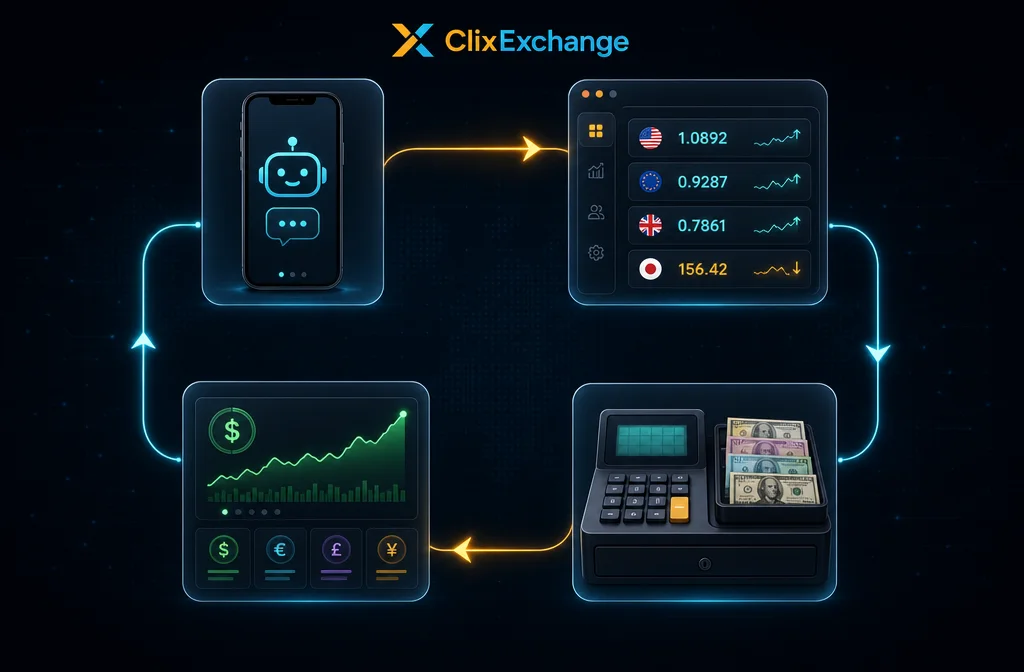 Контур обміну ClixExchange: заявка з бота чи сайту → менеджер → каса → баланси мережі в реальному часі