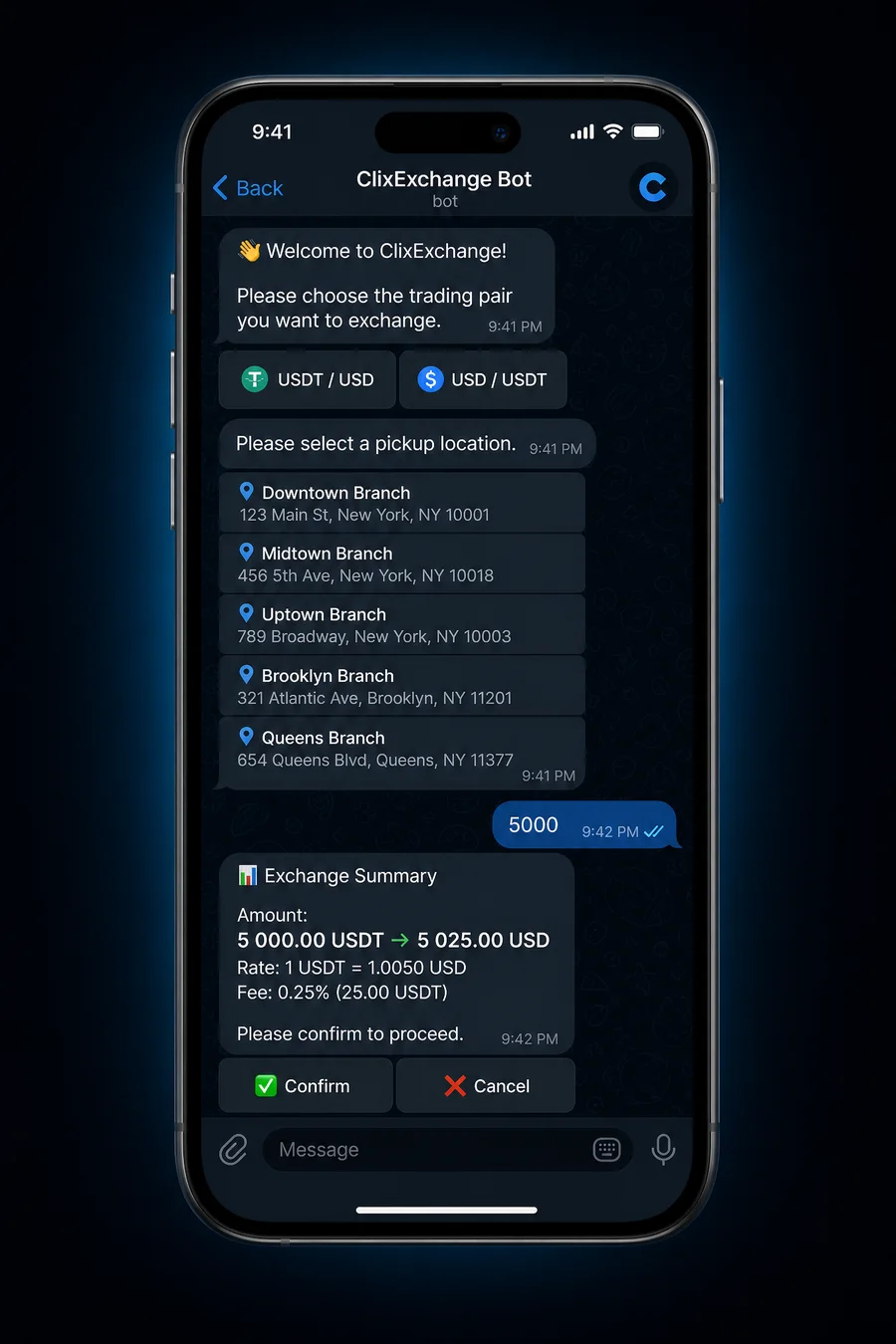 Telegram-бот ClixExchange — вибір операції USDT/USD та пункту видачі